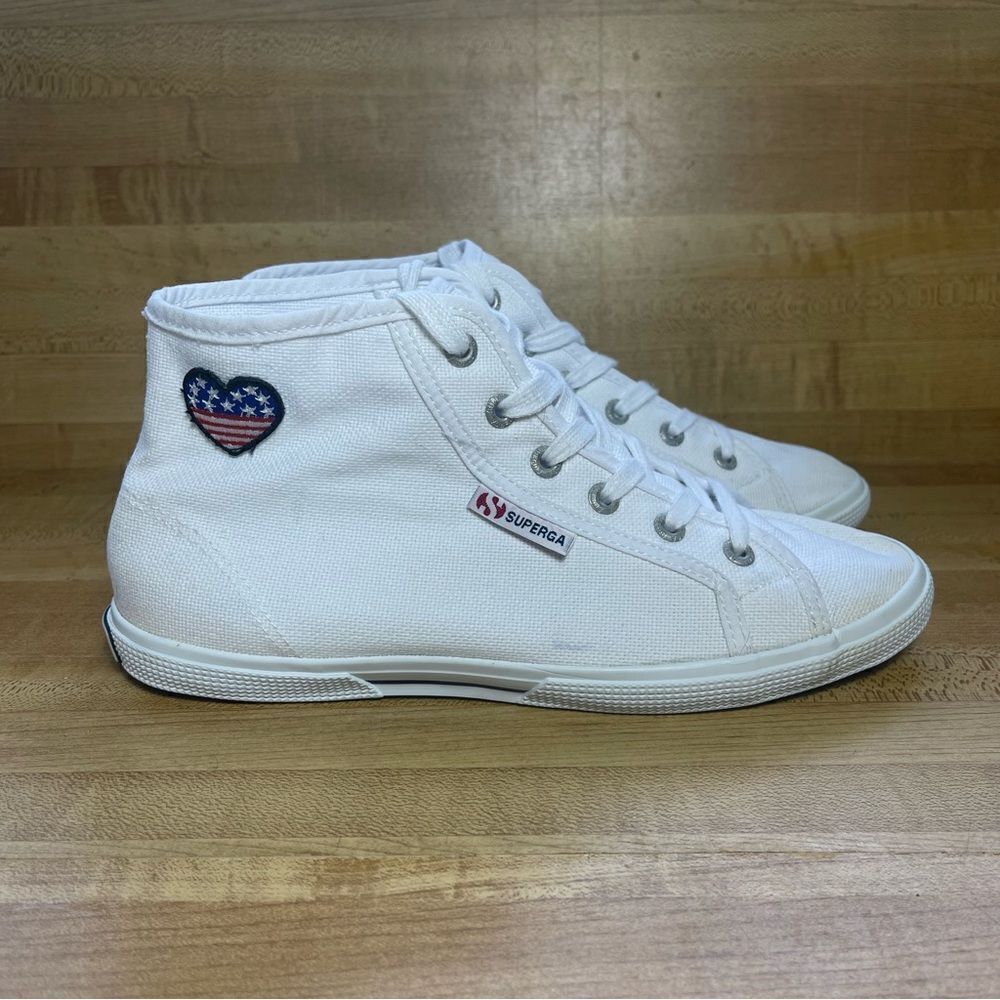 Superga White Canvas Lace Up Hi-Top High Shoes American Flag Heart Womens 8.5